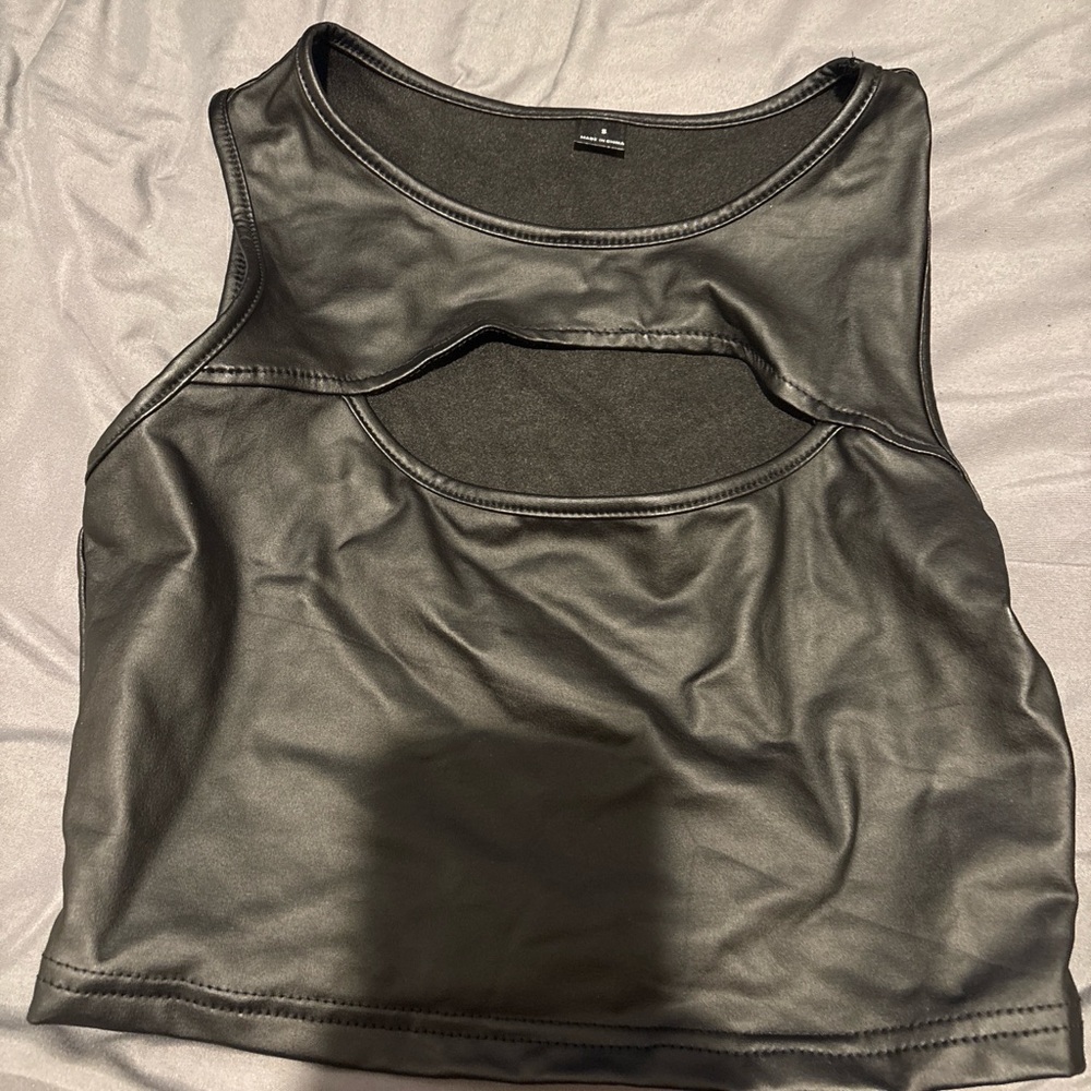 SHEIN Black Faux Leather Cutout Crop Top
